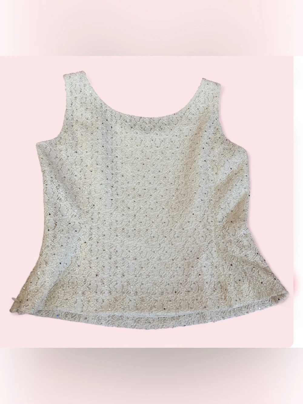 Tahari Luxe Off White Sequin Sleeveless Shell Top Petite 4P Party Glam Evening